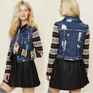 FREE PEOPLE Large Cypress Farm Denim Jacket w Fair Isle Wool Knit Sleeves